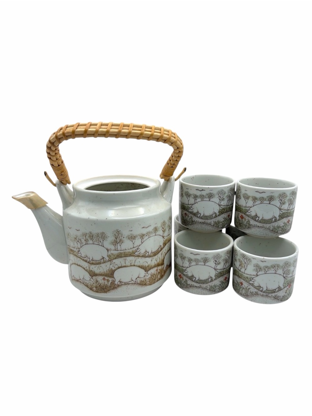 Vintage Otagiri Pig Teapot Tea Set 6 Cups Speckled Stoneware Japan Missing Lid